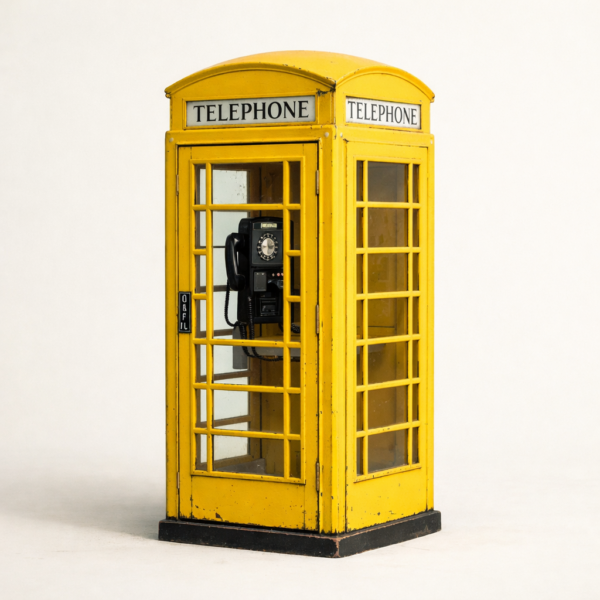 Yellow British telephone booth with a black rotary dial phone inside